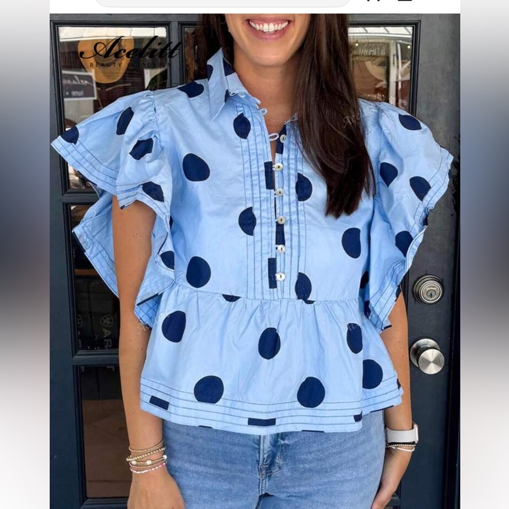 Women's Blue Polka Dot Ruffle Top